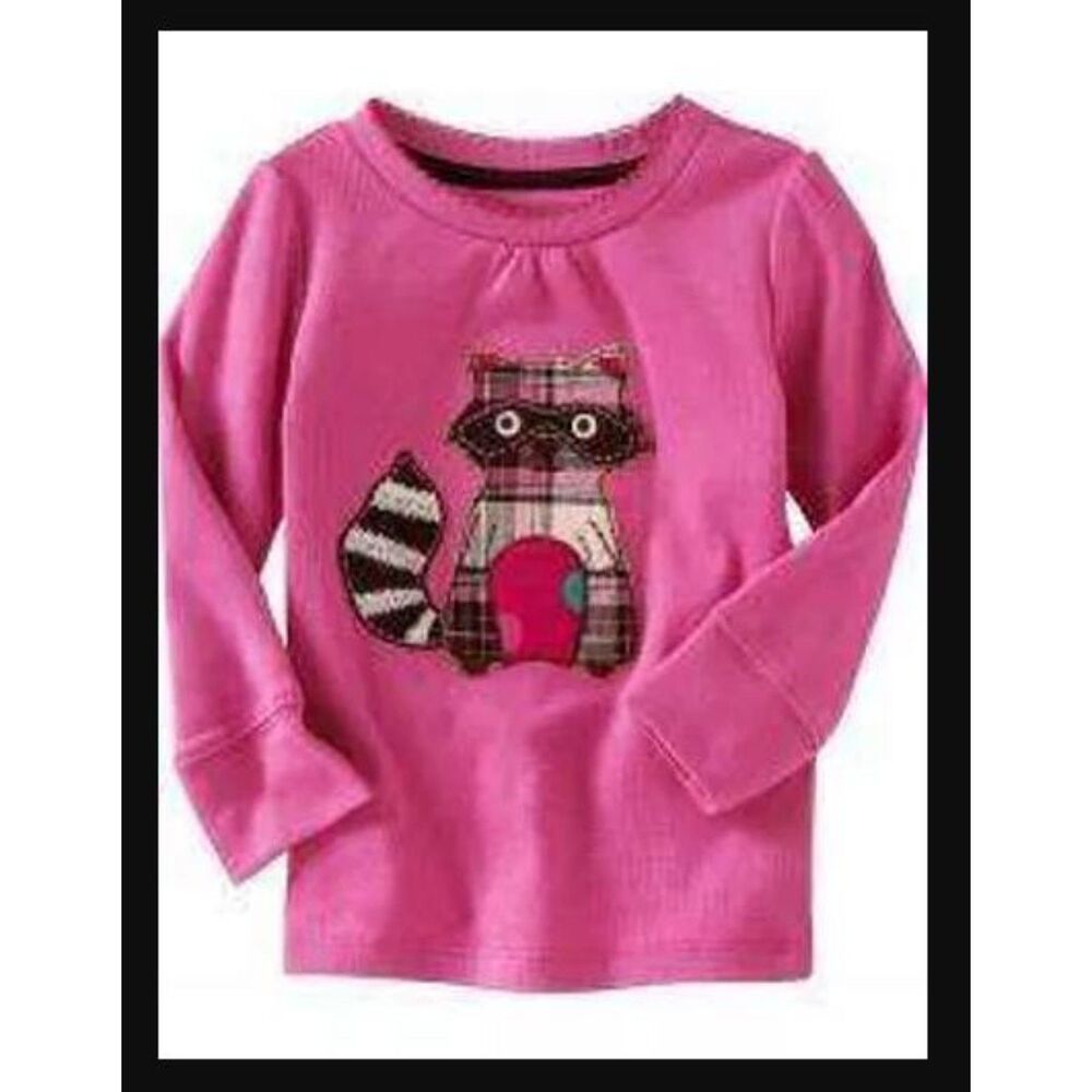 NEW Baby Gap kids girls shirt 12-18 pink brown plaid raccoon long sleeve top tee